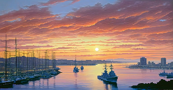 A sunset over San Diego's coastline with silhouettes of naval ships and a glowing urban skyline.