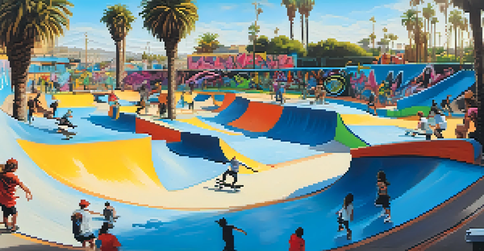 A busy skate park in San Diego with skateboarders performing tricks, surrounded by colorful ramps and graffiti under a sunny sky.