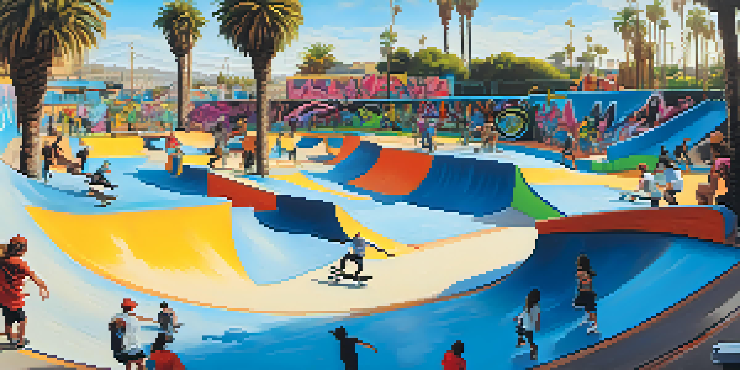 A busy skate park in San Diego with skateboarders performing tricks, surrounded by colorful ramps and graffiti under a sunny sky.