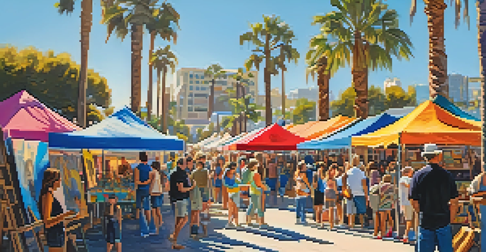 A lively outdoor art festival in San Diego with people admiring colorful artwork under blue skies and palm trees.
