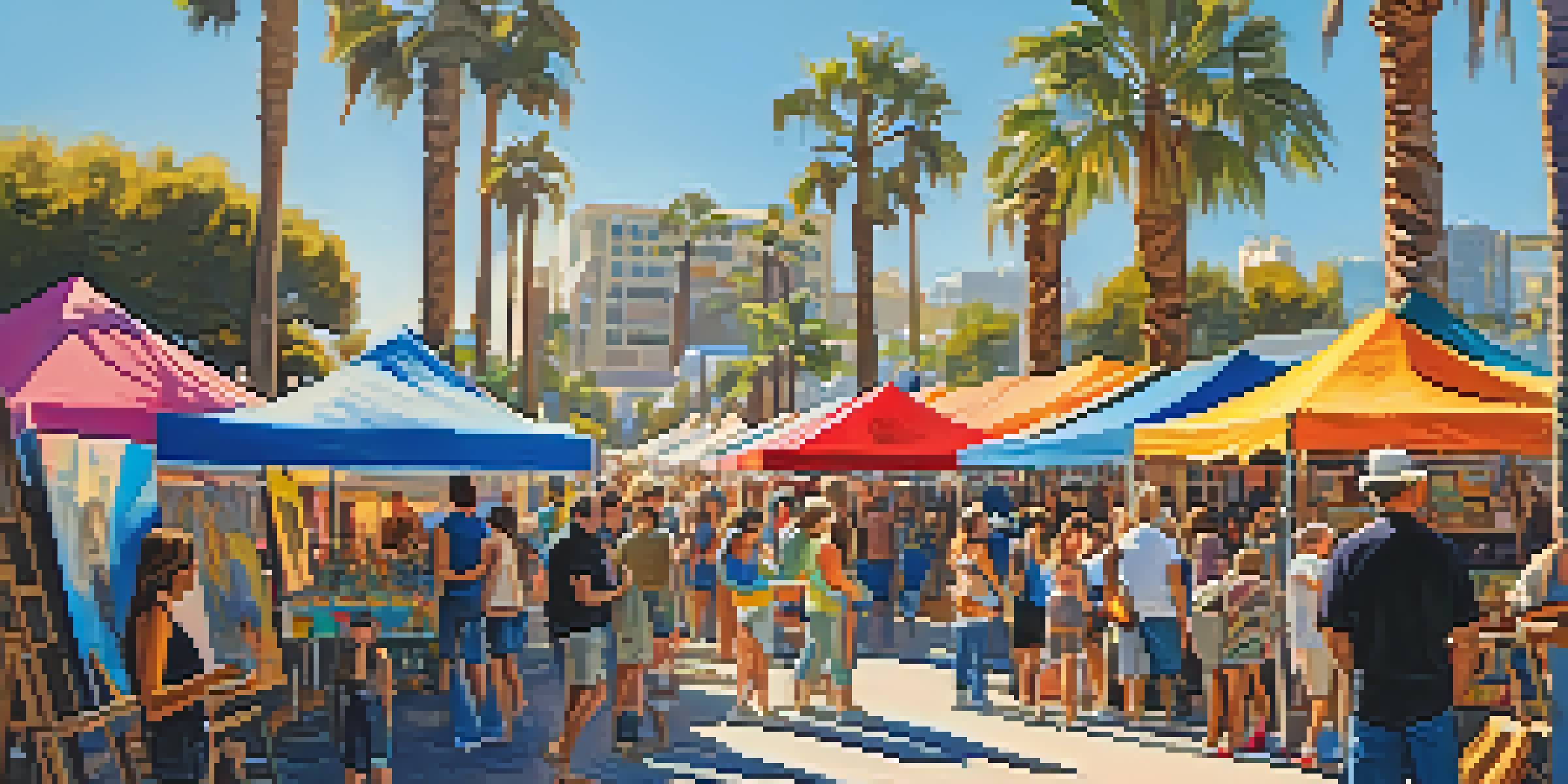A lively outdoor art festival in San Diego with people admiring colorful artwork under blue skies and palm trees.