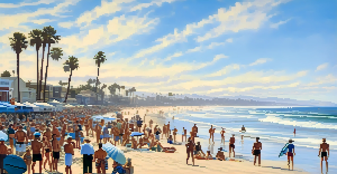A historical beach scene with surfers on wooden surfboards and spectators at Mission Beach in San Diego.