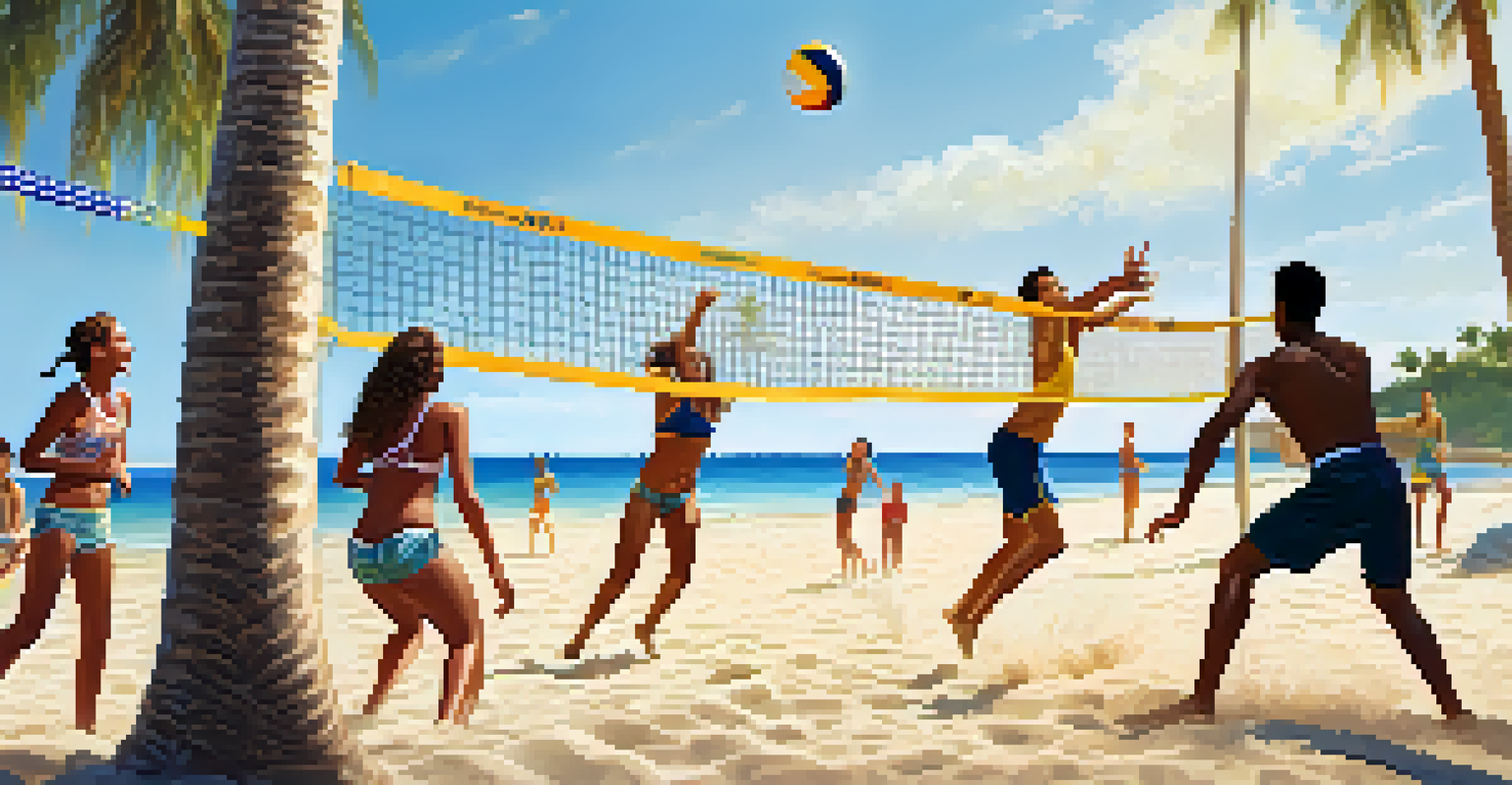 A family playing beach volleyball with a net and ocean in the background.