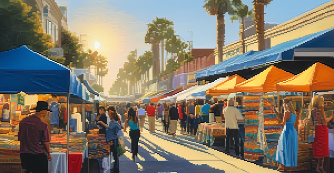 A bustling street market in San Diego with local artists showcasing colorful fashion items and accessories under a warm sunset.