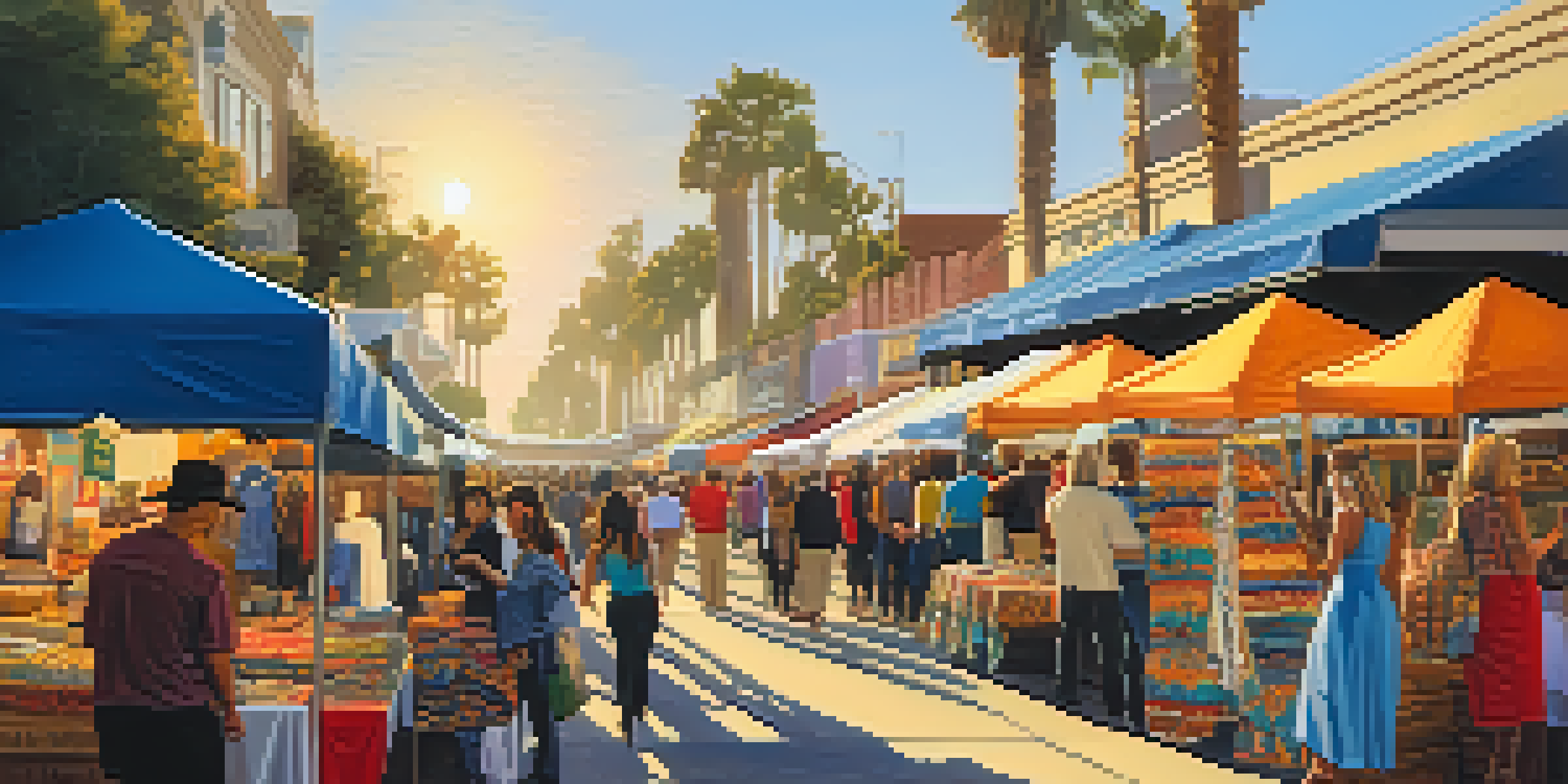 A bustling street market in San Diego with local artists showcasing colorful fashion items and accessories under a warm sunset.