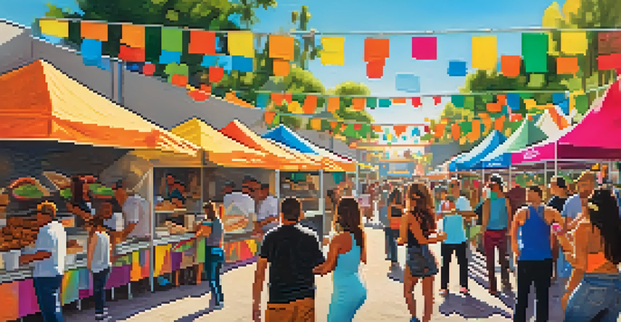 A lively outdoor taco festival in San Diego with colorful stands, people enjoying tacos, and live music in a sunny atmosphere.