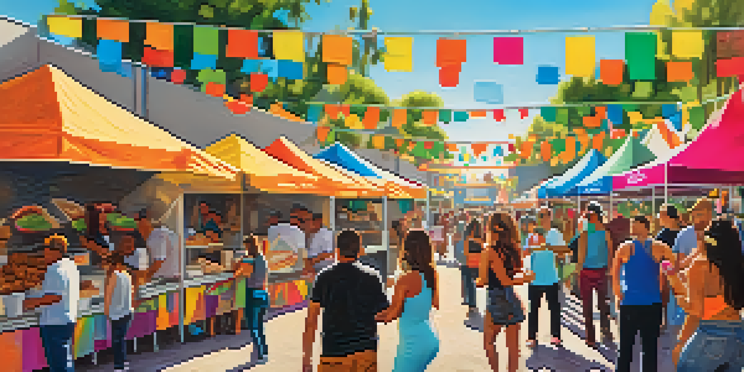 A lively outdoor taco festival in San Diego with colorful stands, people enjoying tacos, and live music in a sunny atmosphere.