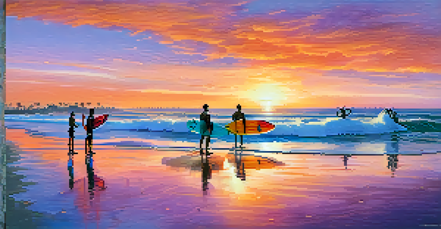 Surfers enjoying a sunset session at a beach in San Diego, with colorful skies and a bonfire in the background.