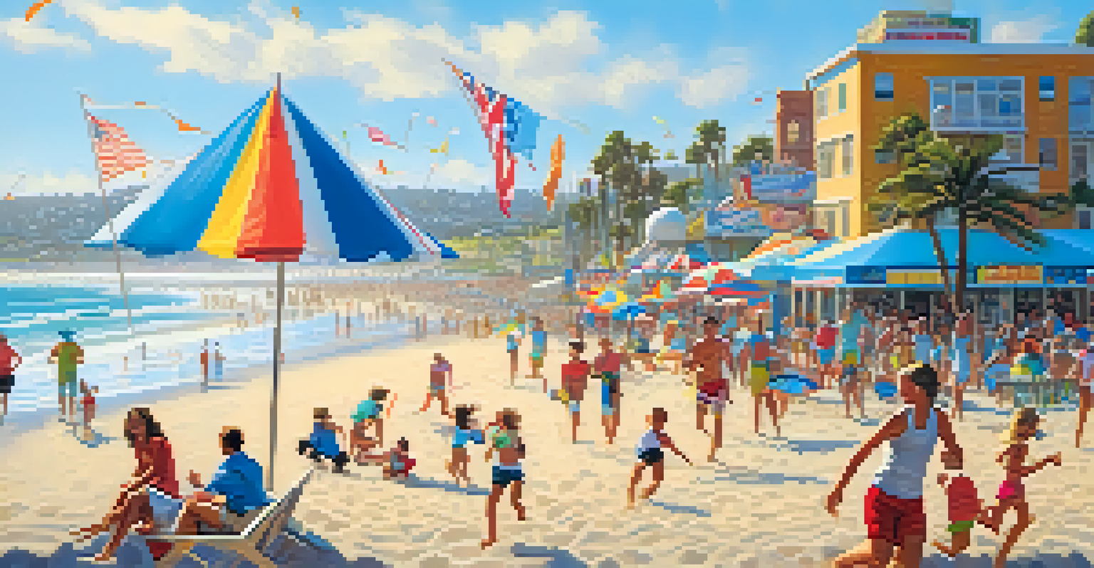 Families enjoying a fun day at Mission Beach, with beach volleyball, children playing, and rides in the background.