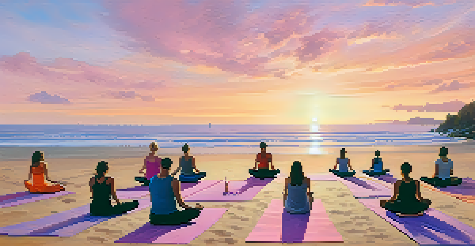 Participants in an outdoor yoga class on the beach during sunset with a peaceful atmosphere.