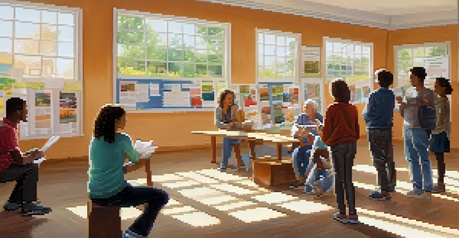 Inside a community center with bulletin boards displaying volunteer opportunities, people discussing and engaging with the information.