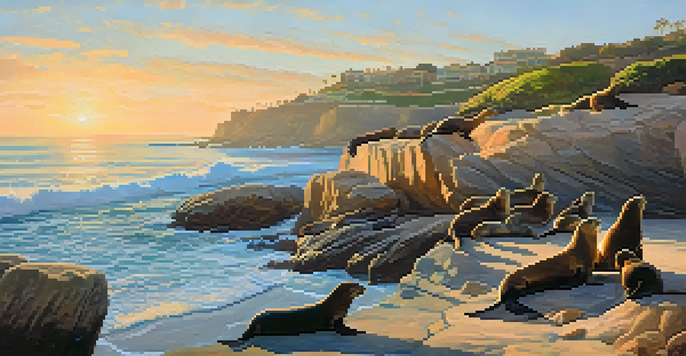 A picturesque view of California sea lions resting on rocks at La Jolla Cove, with golden sunlight illuminating the scene and gentle waves in the background.