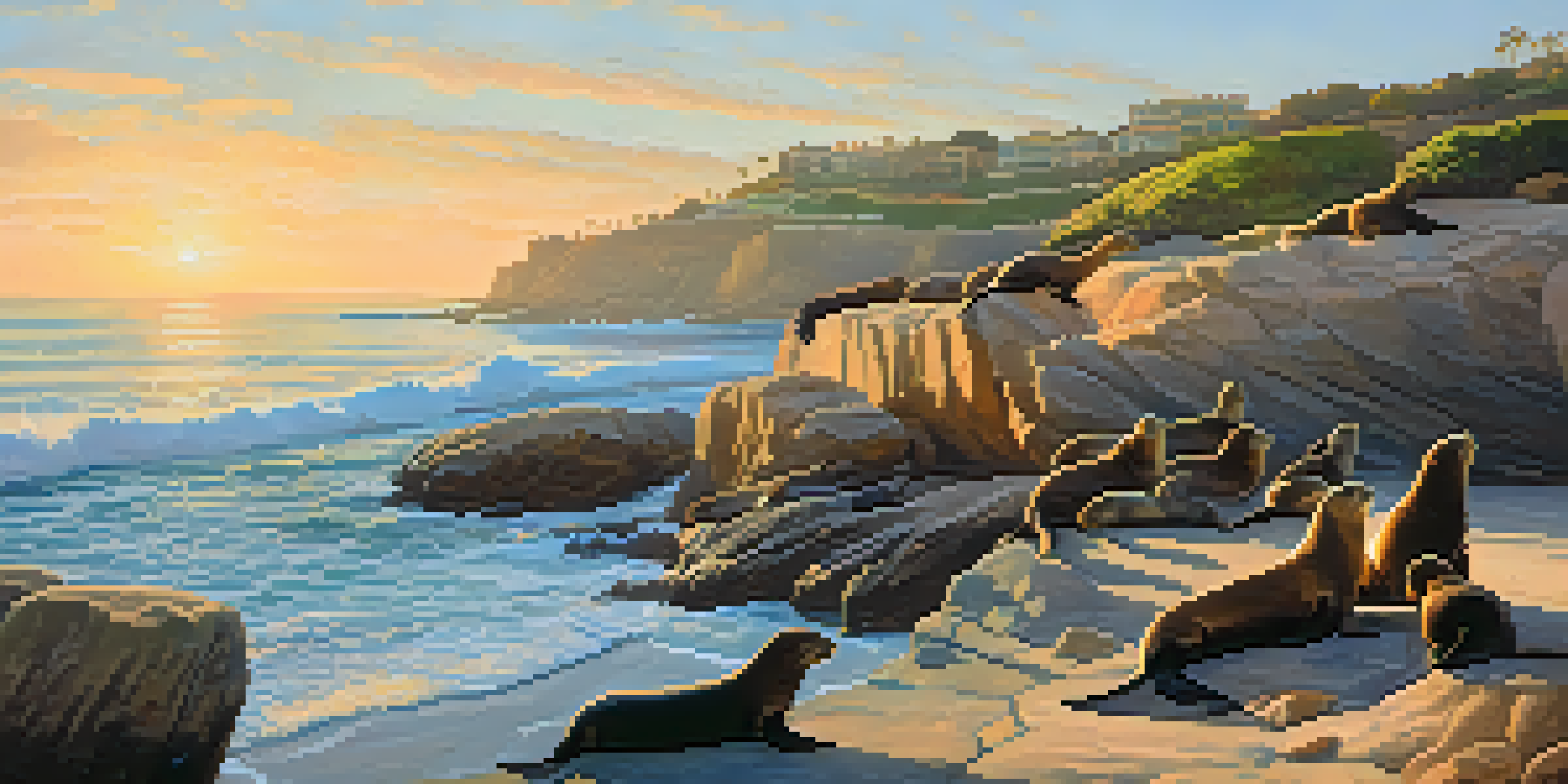 A picturesque view of California sea lions resting on rocks at La Jolla Cove, with golden sunlight illuminating the scene and gentle waves in the background.