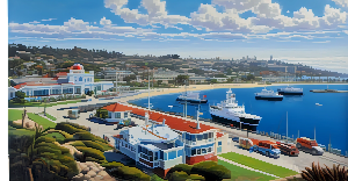 A scenic view of San Diego's coastline featuring the Scripps Institution of Oceanography and research vessels in the foreground, with clear ocean waters and a bright blue sky.