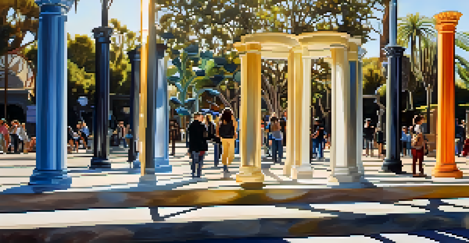 An interactive outdoor art installation made of recycled materials in Balboa Park, reflecting sunlight.