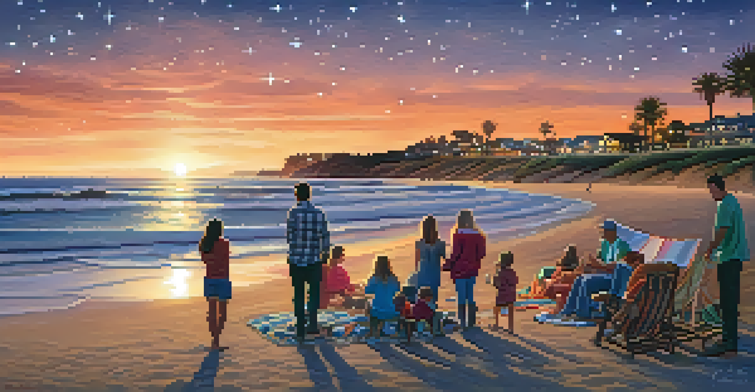 Families enjoying a stargazing evening at La Jolla Shores beach, with a starry sky and gentle ocean waves.