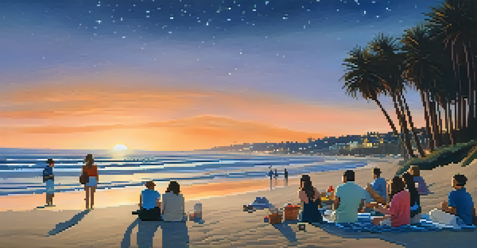 A family having a picnic on the beach at sunset, with stars beginning to appear in the sky.