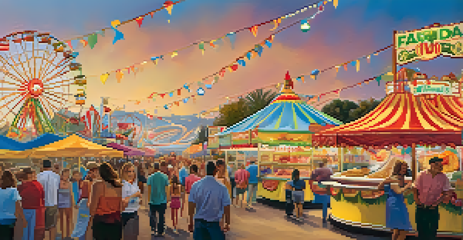 A busy scene at the San Diego County Fair with food vendors, families enjoying rides, and colorful decorations creating a festive atmosphere.