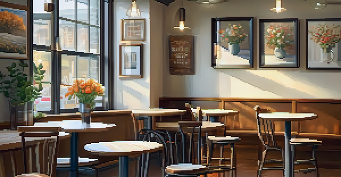 A cozy coffee shop interior with wooden tables, soft lighting, and a latte with art next to fresh flowers.