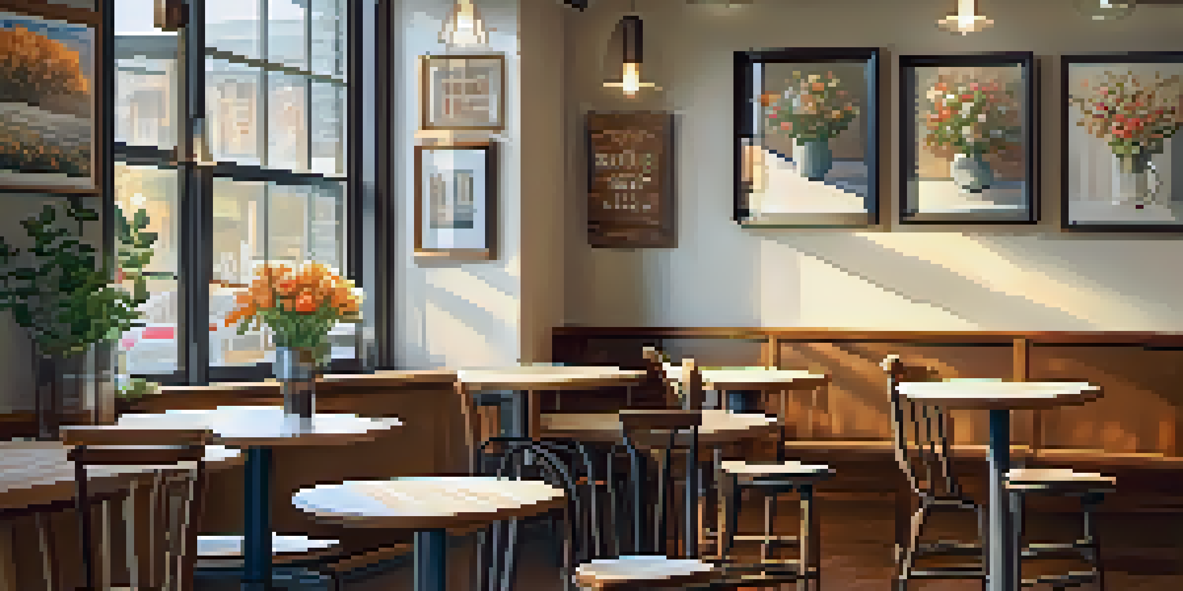 A cozy coffee shop interior with wooden tables, soft lighting, and a latte with art next to fresh flowers.