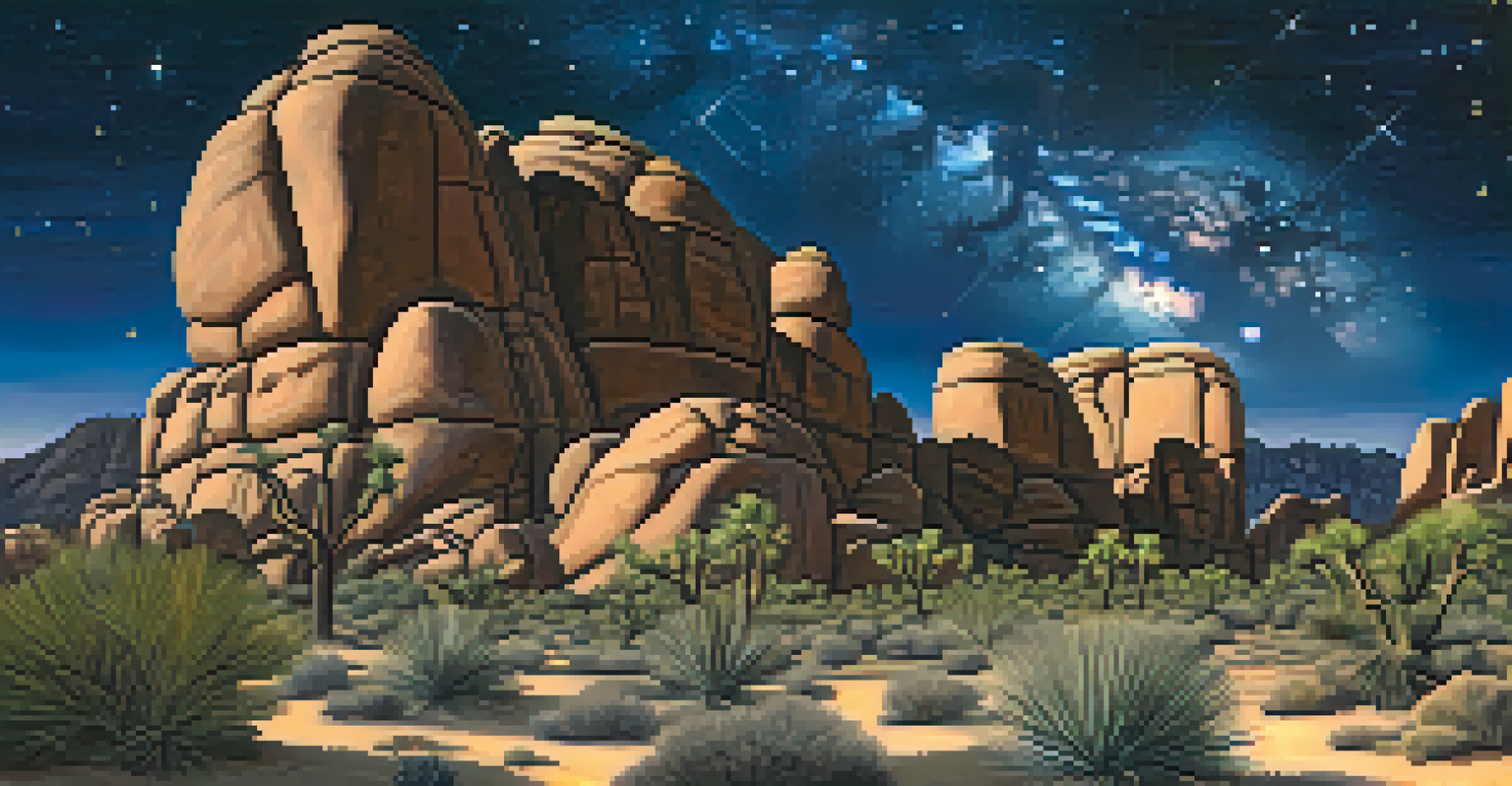 A night scene in Joshua Tree National Park with Joshua trees and rock formations illuminated by a starry sky.