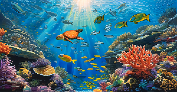 An underwater scene displaying a colorful coral reef with diverse marine life, including fish and sea turtles, illuminated by sunlight.