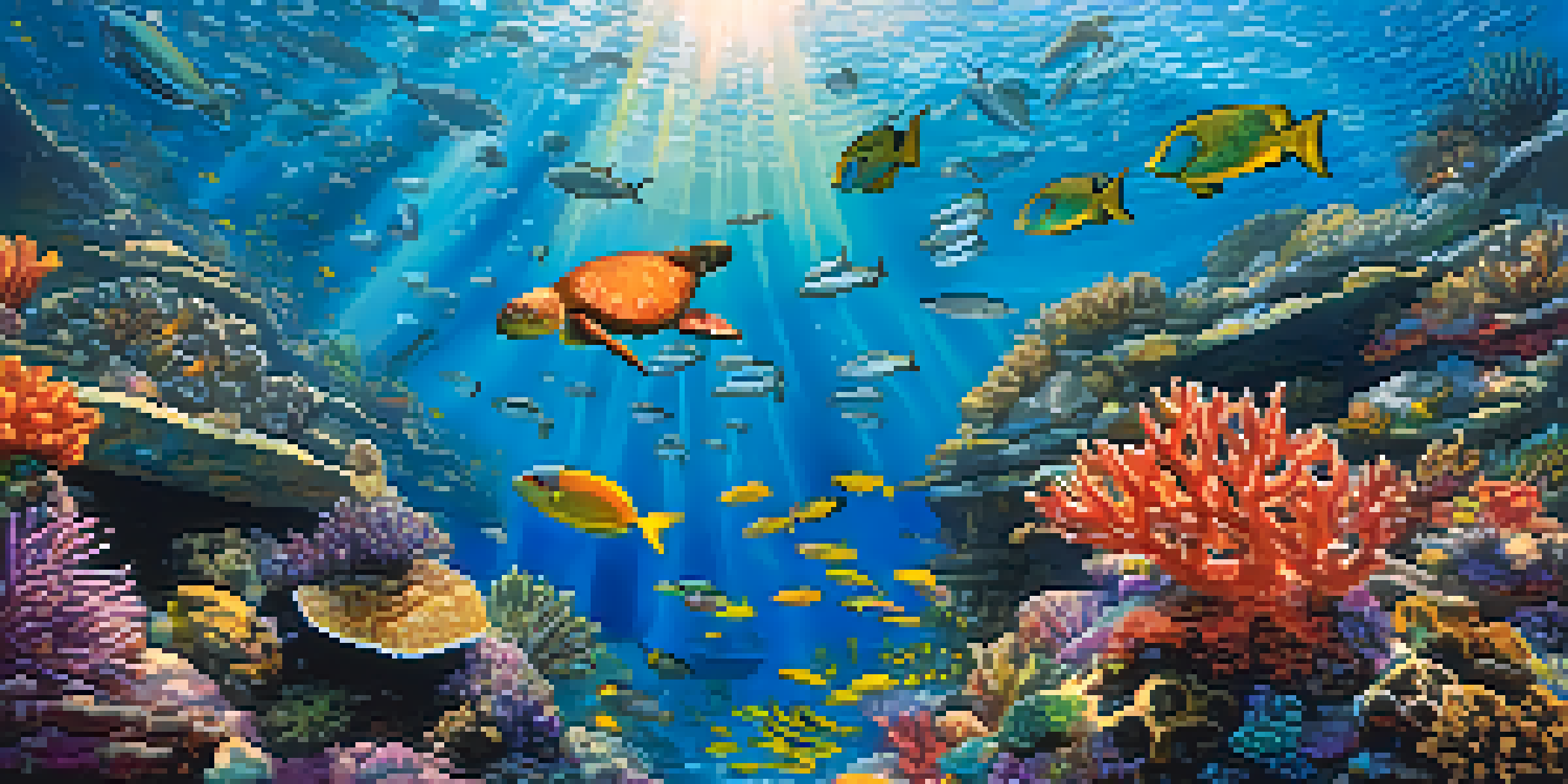 An underwater scene displaying a colorful coral reef with diverse marine life, including fish and sea turtles, illuminated by sunlight.