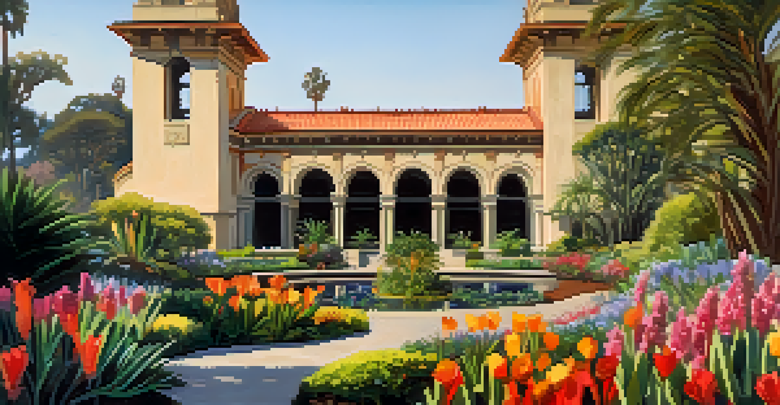 The iconic Botanical Building in Balboa Park, surrounded by colorful plants and flowers, with an art exhibit visible inside, creating a serene atmosphere.