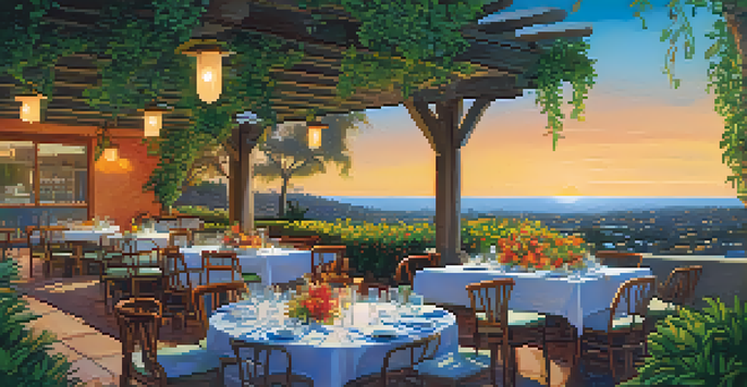 An outdoor dining setup at an eco-friendly hotel, showcasing organic food, surrounded by greenery and flowers under a blue sky.