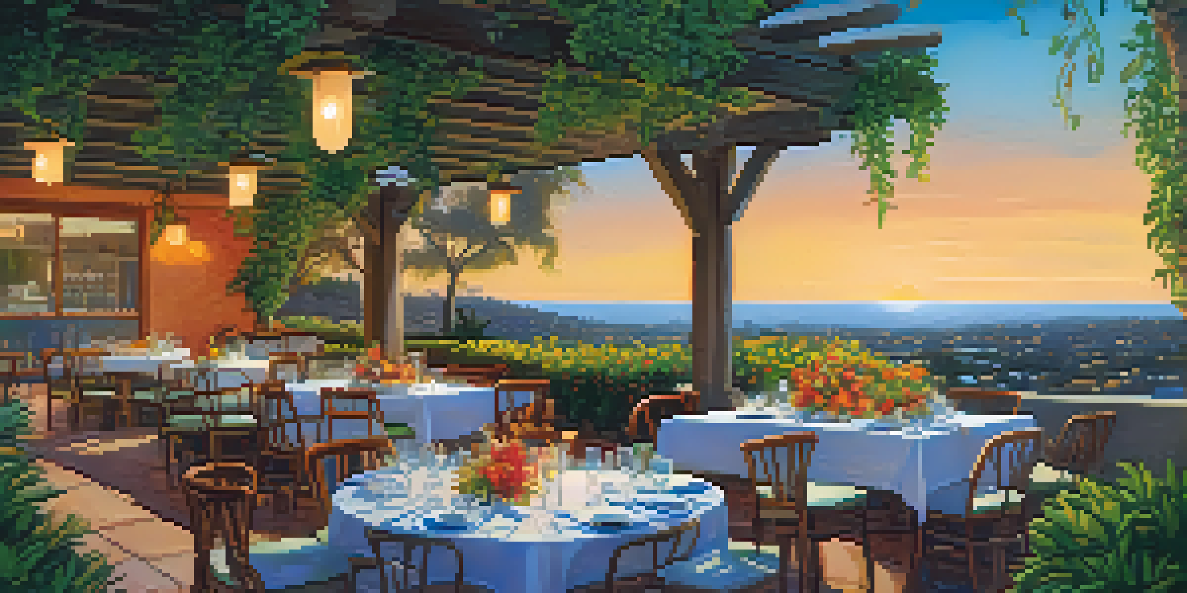 An outdoor dining setup at an eco-friendly hotel, showcasing organic food, surrounded by greenery and flowers under a blue sky.