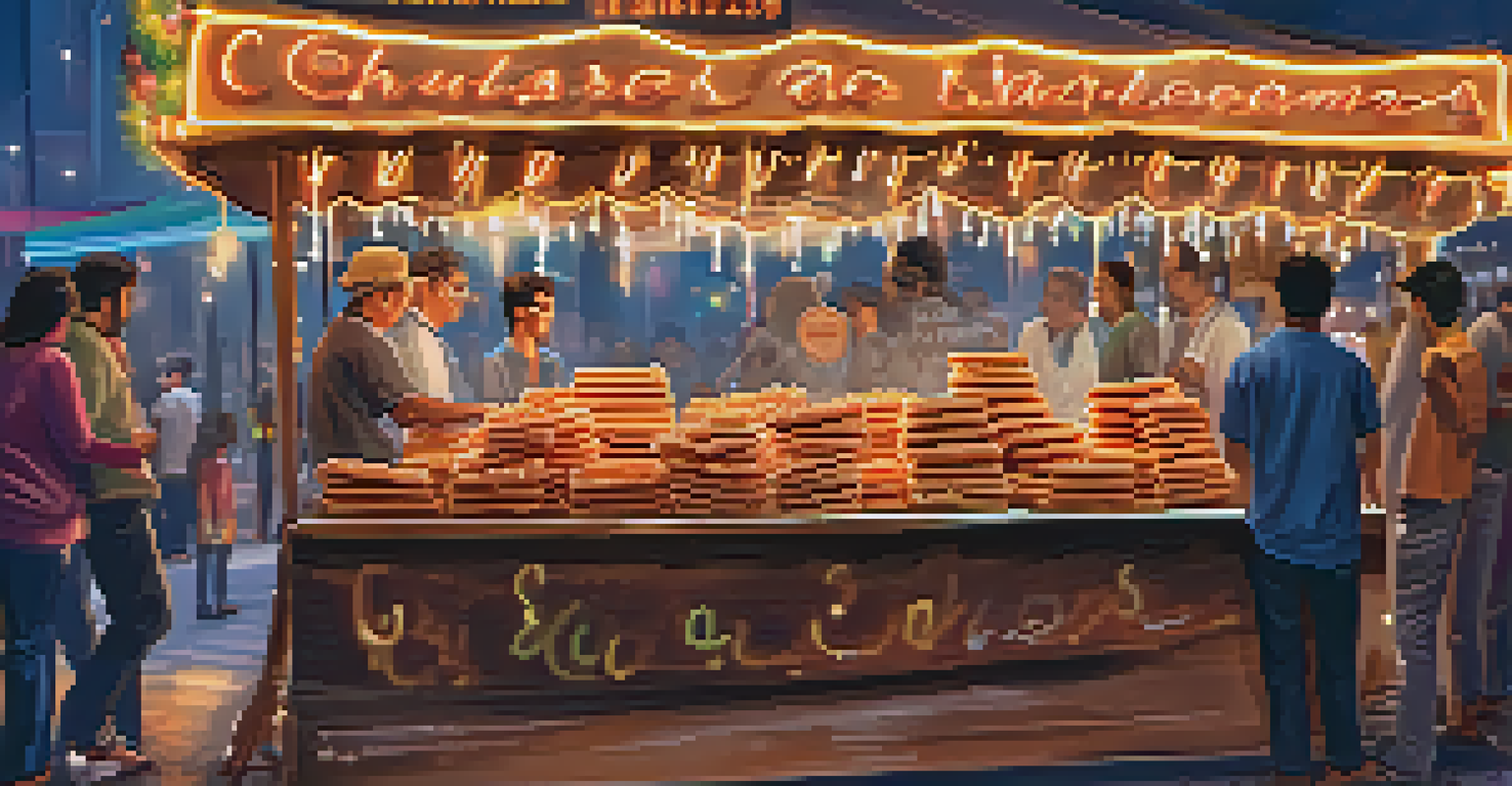 A street food stall displaying freshly made churros, with sauces being drizzled over them and happy customers in the background.