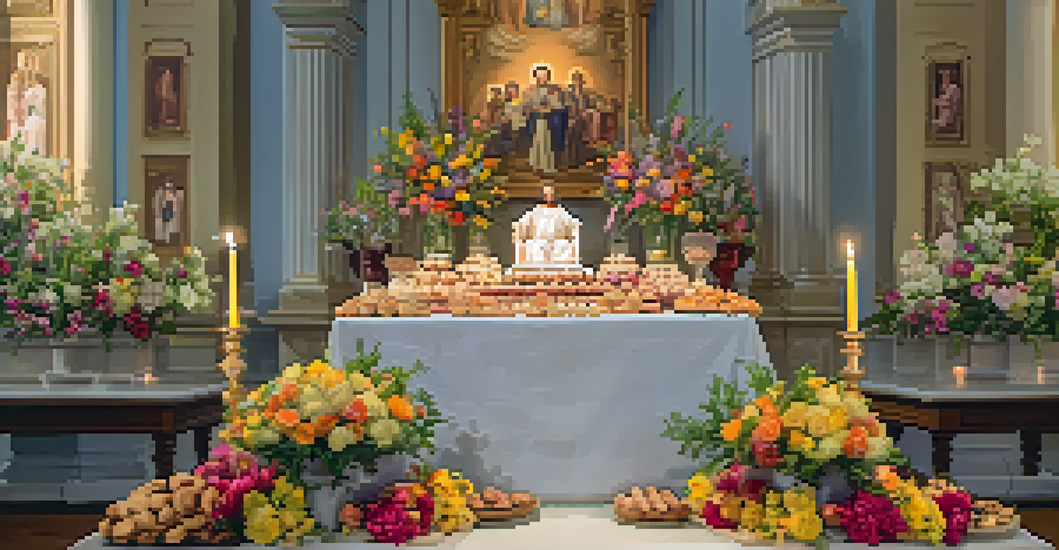 A beautifully decorated altar for St. Joseph's Day featuring zeppole pastries and vibrant flowers, bathed in warm light.