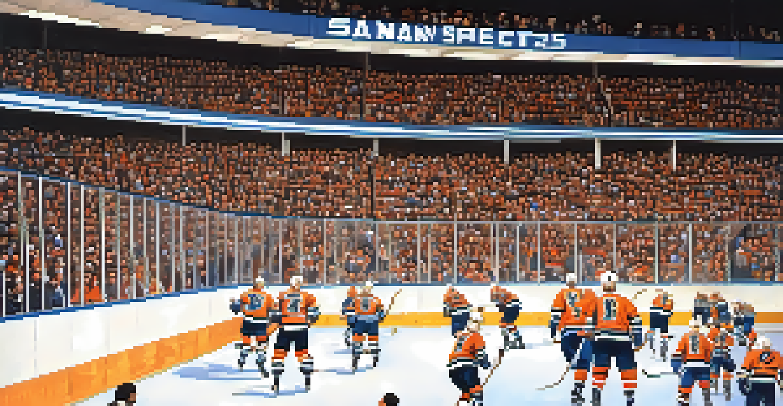 A thrilling hockey match at the San Diego Sports Arena in the late 1970s with the San Diego Gulls, surrounded by enthusiastic fans.