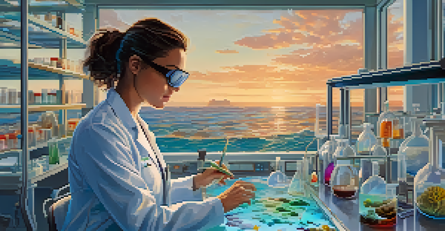 A marine researcher analyzing water samples in a lab filled with scientific instruments and a view of the ocean.