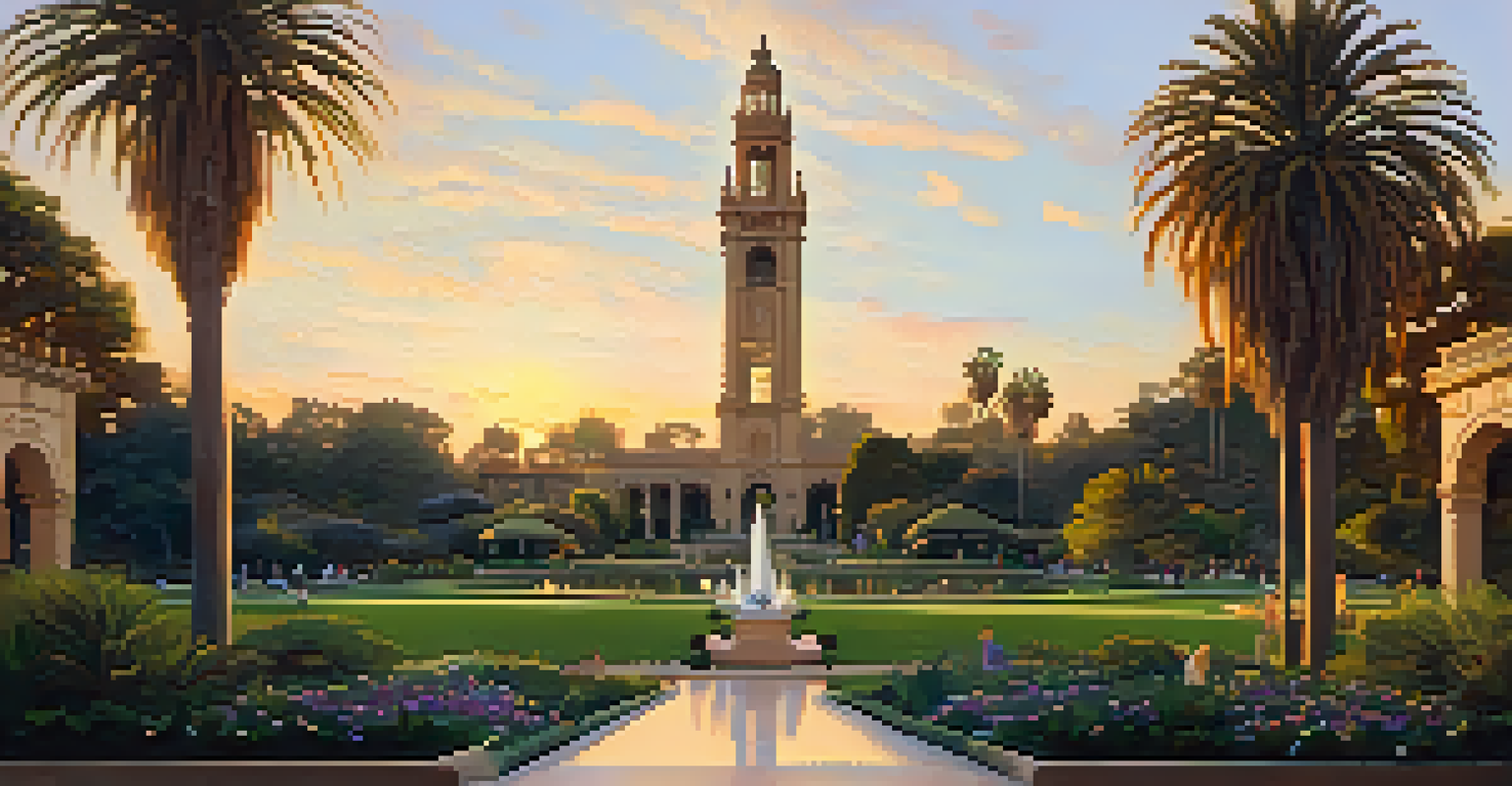 Balboa Park at sunset with the California Tower and lush gardens, showcasing a calm atmosphere.