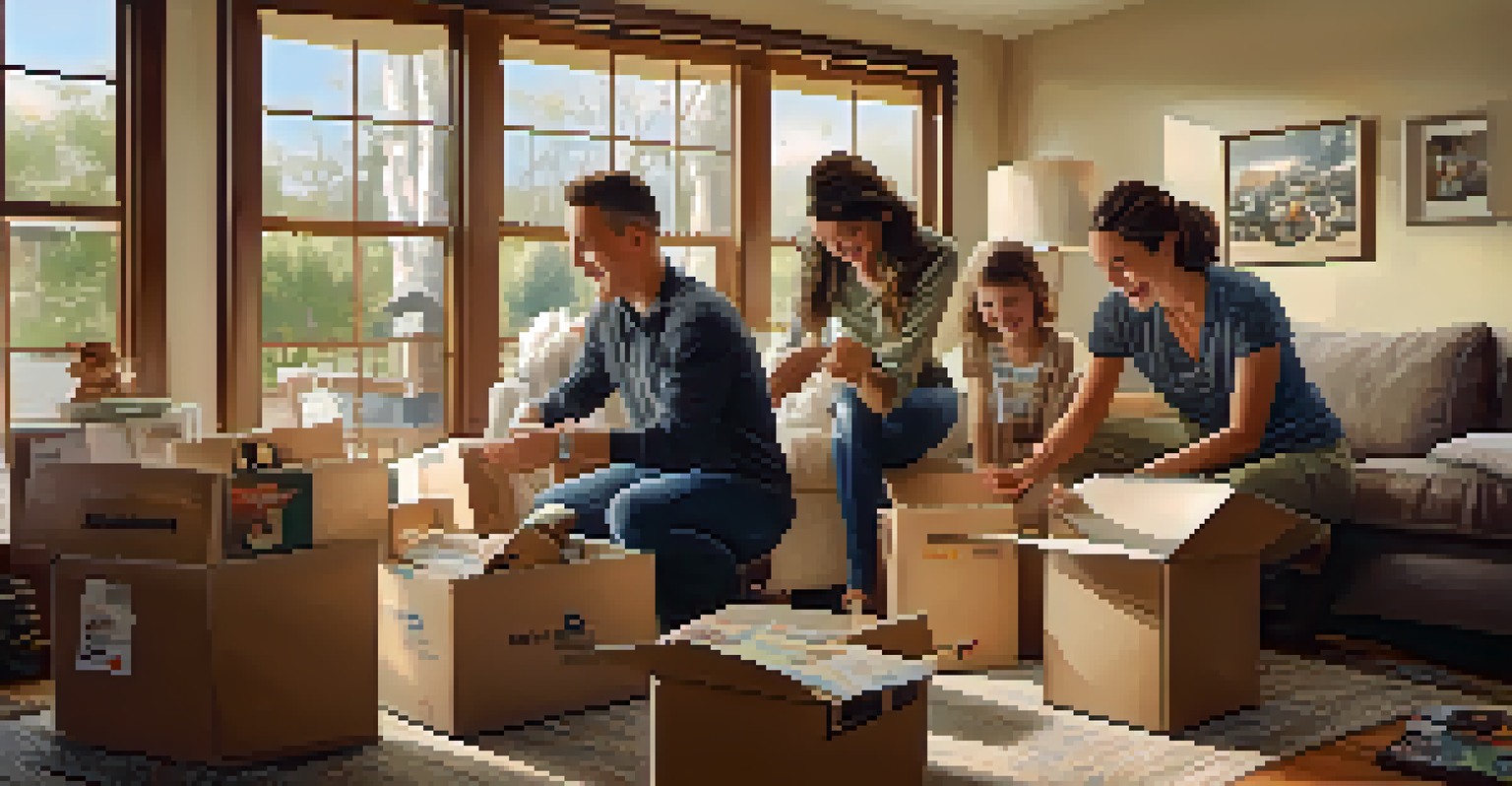 A military family unpacking boxes in a new home, showcasing their excitement in a cozy living room filled with personal touches.