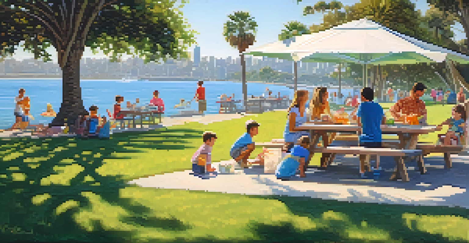 A family enjoying a picnic at Crown Point Park, with children playing and parents relaxing at a picnic table near Mission Bay.