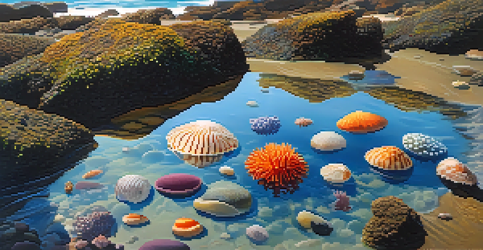 A tide pool filled with colorful sea stars, anemones, and shells, illuminated by sunlight at La Jolla Cove.