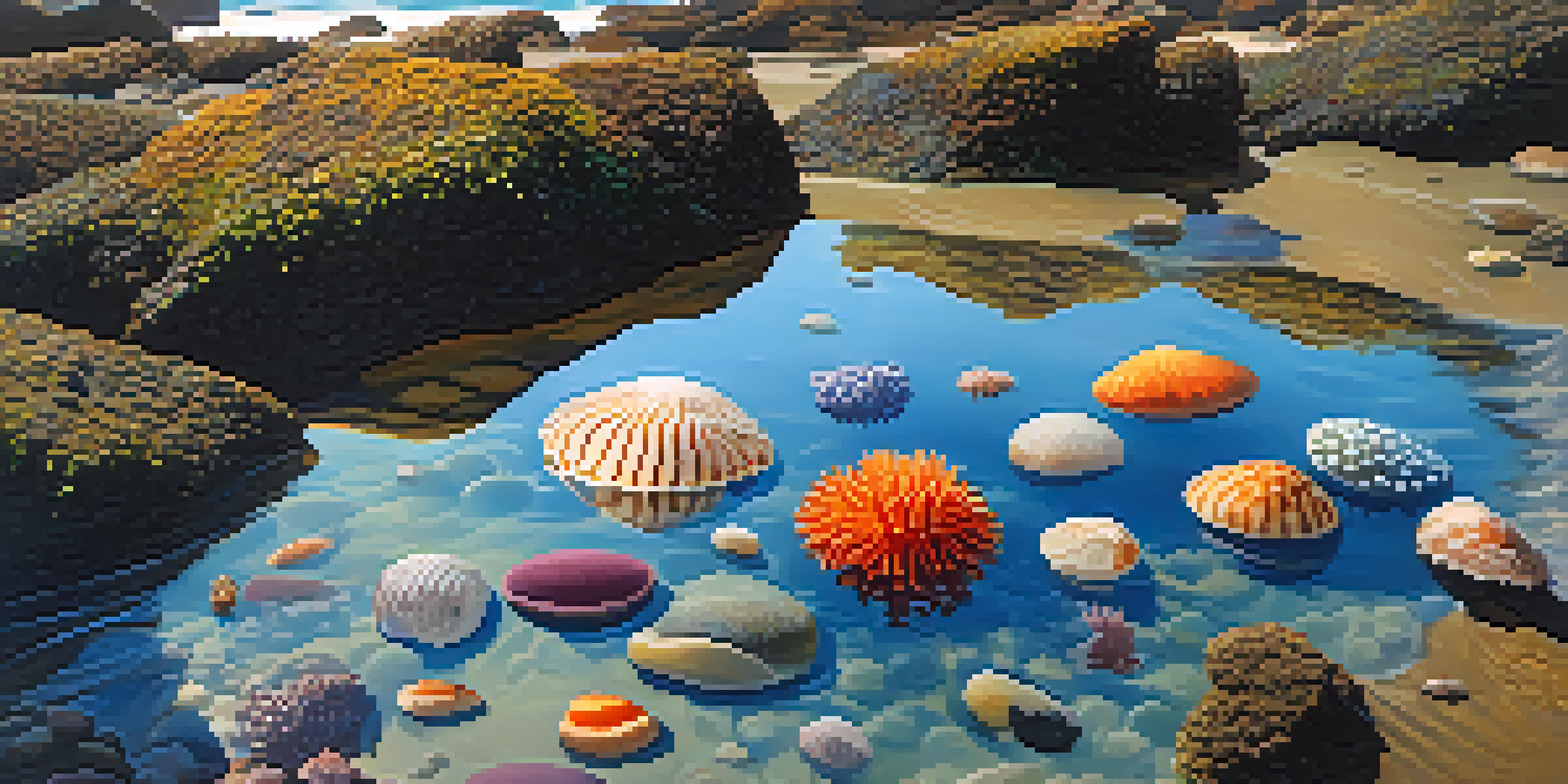 A tide pool filled with colorful sea stars, anemones, and shells, illuminated by sunlight at La Jolla Cove.