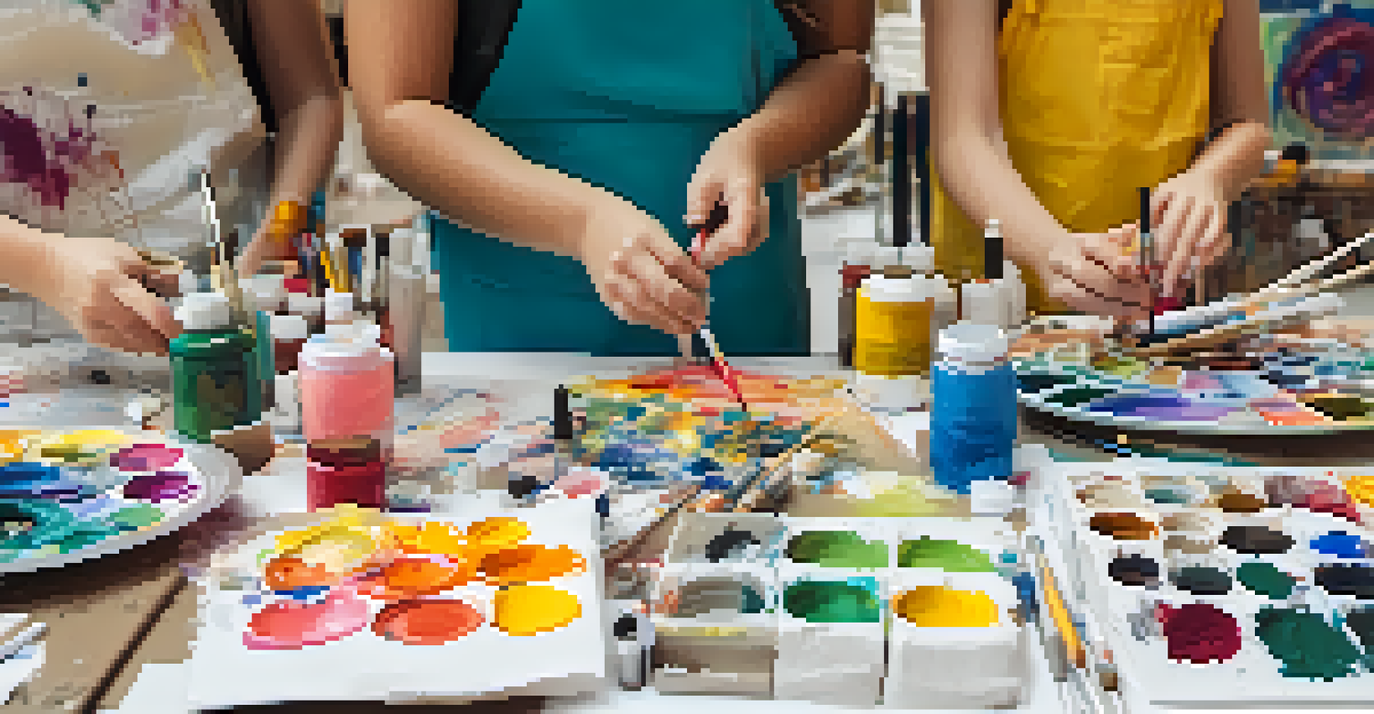 An overhead view of a table in a community art workshop, filled with art supplies and participants creating mixed media art projects.