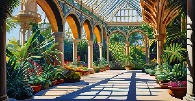 A beautiful botanical building surrounded by tropical plants and colorful flowers, with sunlight filtering through the leaves.