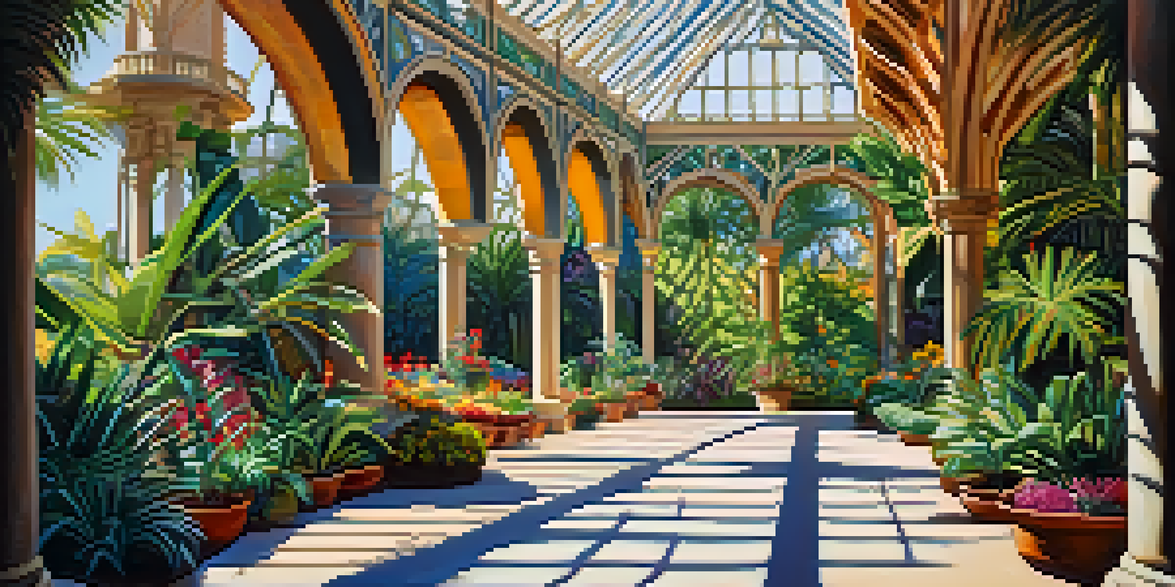 A beautiful botanical building surrounded by tropical plants and colorful flowers, with sunlight filtering through the leaves.