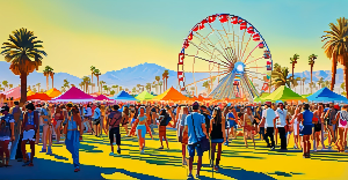 A lively festival scene at Coachella with a large crowd, colorful art installations, and palm trees in the background.