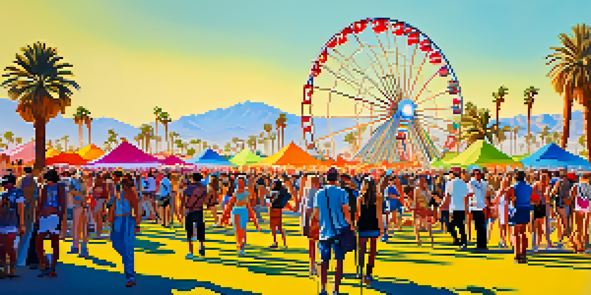 A lively festival scene at Coachella with a large crowd, colorful art installations, and palm trees in the background.