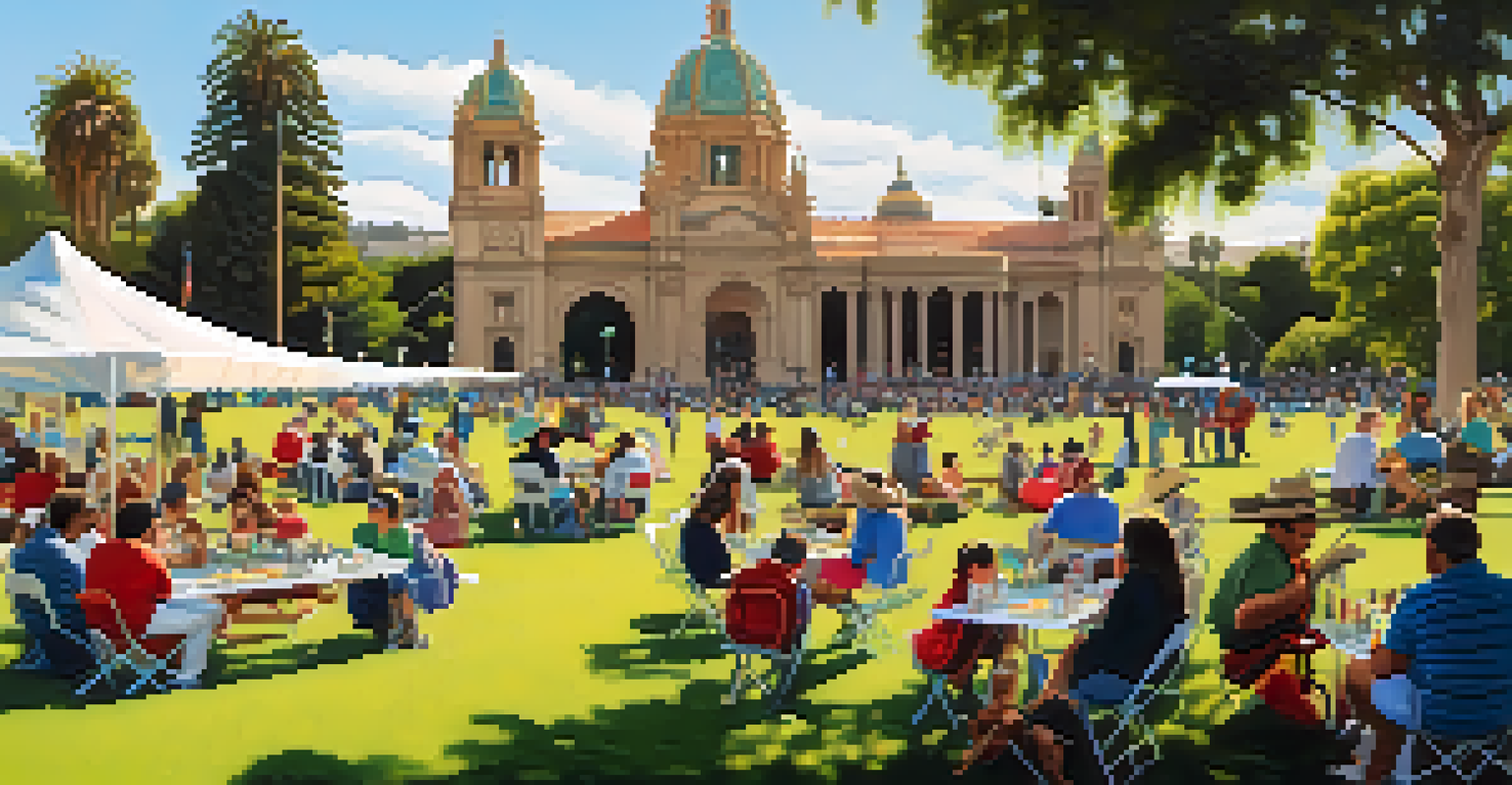 A lively cultural event in Balboa Park, with artists, musicians, and families enjoying the day on the lawns.