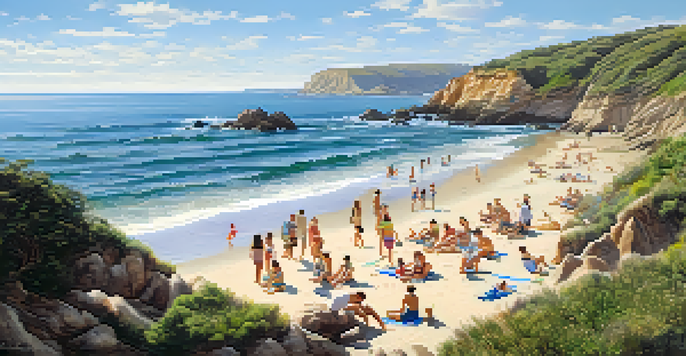 A lively beach scene in San Diego with families enjoying the sandy shore and gentle waves, surrounded by rocky cliffs and seabirds in the sky.