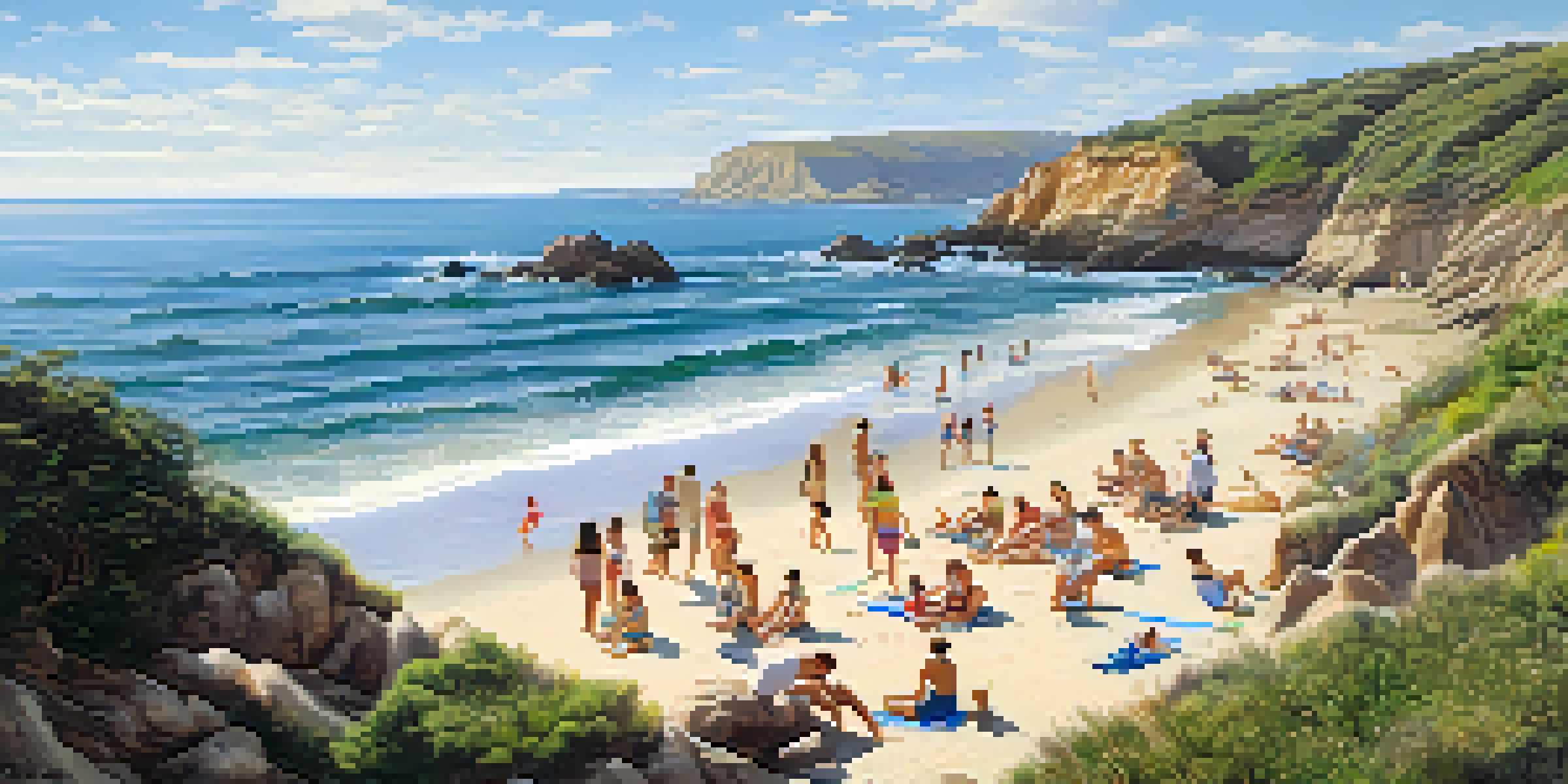 A lively beach scene in San Diego with families enjoying the sandy shore and gentle waves, surrounded by rocky cliffs and seabirds in the sky.