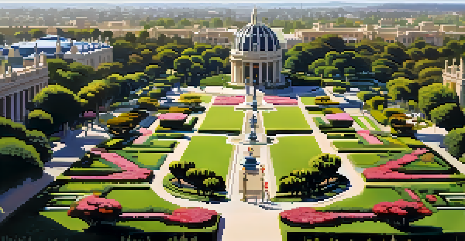 An aerial view of Balboa Park in San Diego, showcasing its lush greenery, architectural beauty, and people enjoying the outdoors.