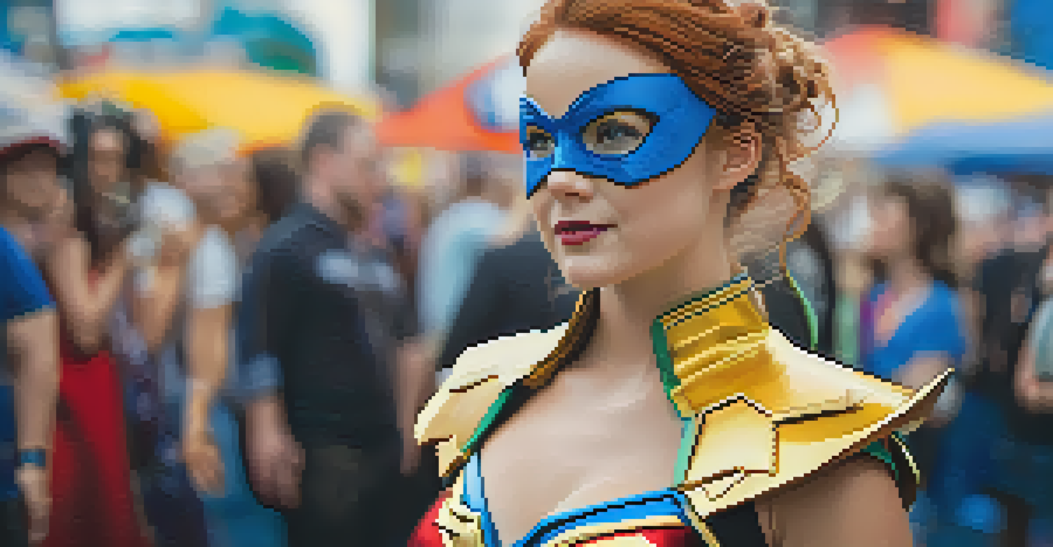 A detailed close-up of a cosplayer in a superhero costume, surrounded by a blurred crowd at Comic-Con.