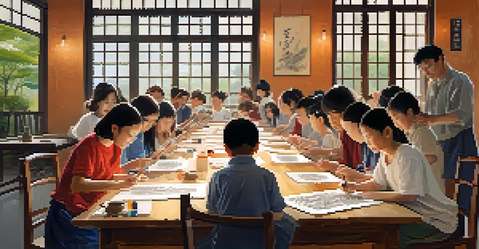 Families engaged in a calligraphy workshop at a cultural festival, with an instructor guiding them in a warm and inviting space.